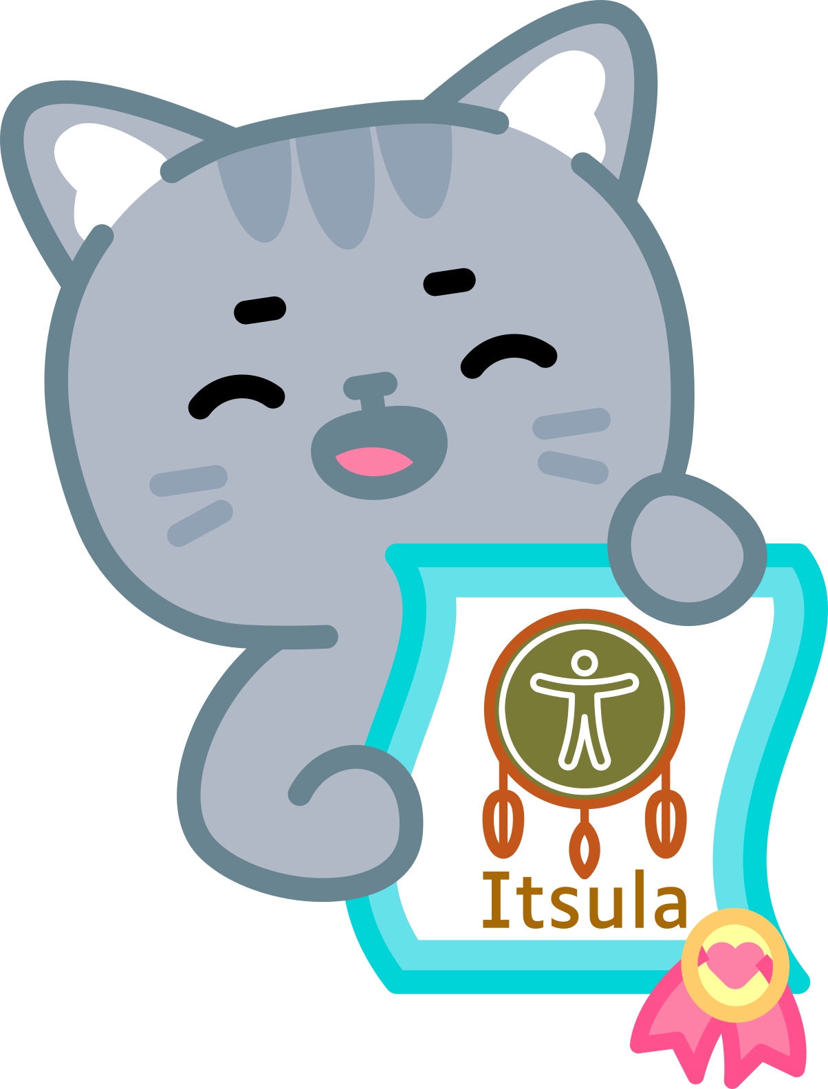 Dessin d'un chaton souriant et tenant entre ses pattes un diplôme sur lequel figure le logo Itsula.